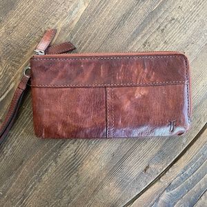 Frye Cognac Leather Wallet Wristlet Clutch with Strap